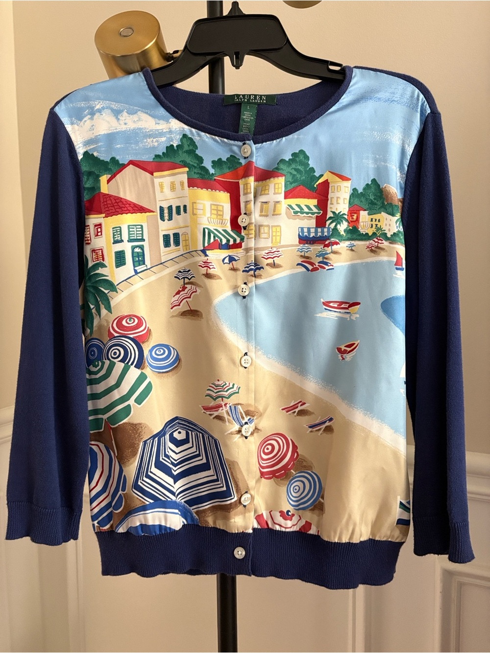 NWOT Lauren Ralph Lauren Navy Blue Beach Scene Cardigan blouse top